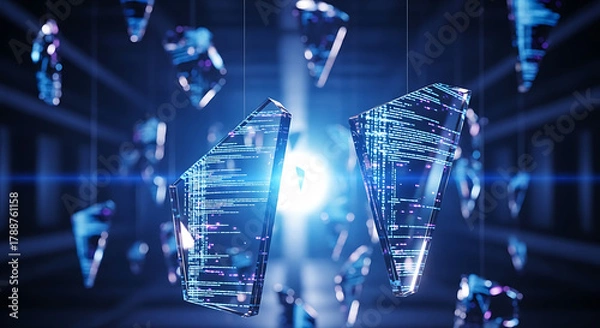Fototapeta Abstract digital data shards suspended in a glowing, futuristic environment, representing information technology and data analysis