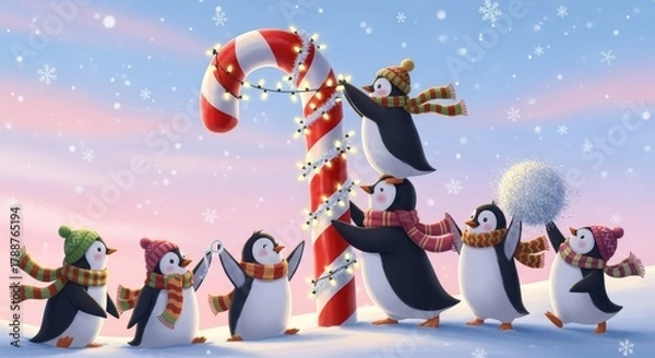 Fototapeta Playful Penguins Decorating a Giant Candy Cane