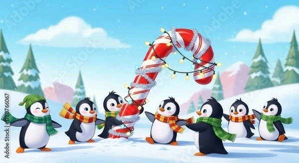 Obraz Playful Penguins Decorating a Giant Candy Cane