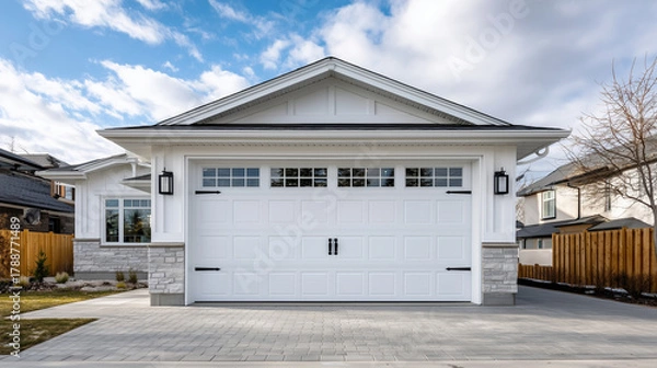 Obraz Completed garage door installation at suburban home. Wide exterior view of a freshly installed garage door, driveway clean and bathed in soft daylight. The natural reflections and