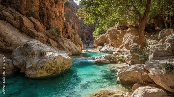 Obraz Crystal clear waters meander through a rocky canyon surrounded by lush greenery and vibrant nature.