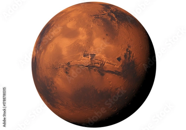 Fototapeta Mars planet isolated on transparent background PNG illustration red planet surface with craters and valleys space exploration astronomy science