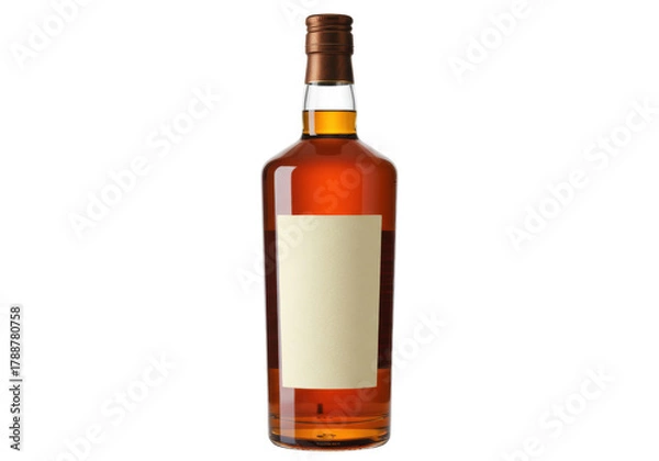 Fototapeta Whiskey bottle PNG illustration isolated on transparent background amber liquor in glass container with blank label