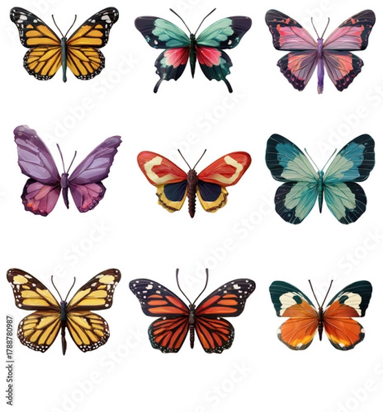 Fototapeta A beautiful collection of nine colorful watercolor butterflies isolated on a white background.