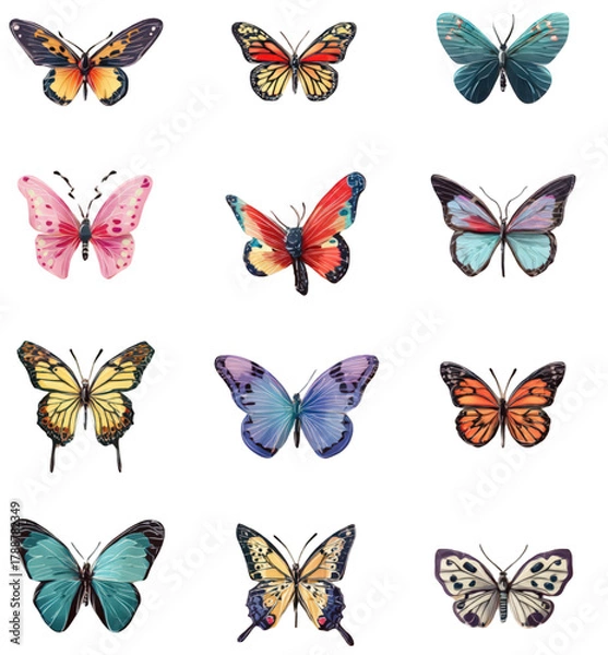 Fototapeta A beautiful collection of twelve colorful butterflies isolated on a white background.