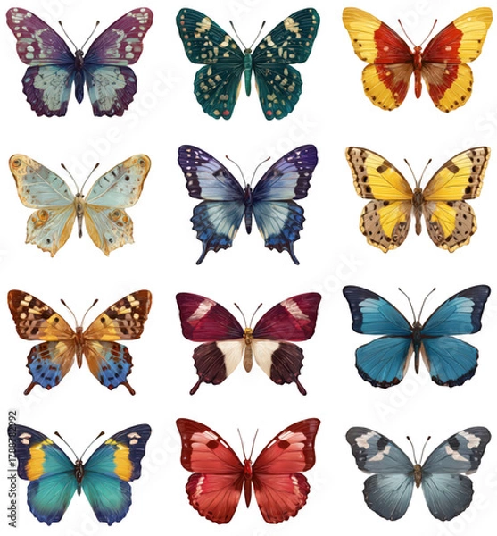 Fototapeta A beautiful collection of twelve different colorful butterfly species.