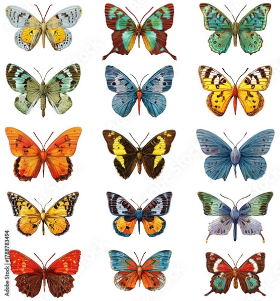 Fototapeta A vibrant collection of colorful butterfly illustrations on a white background.