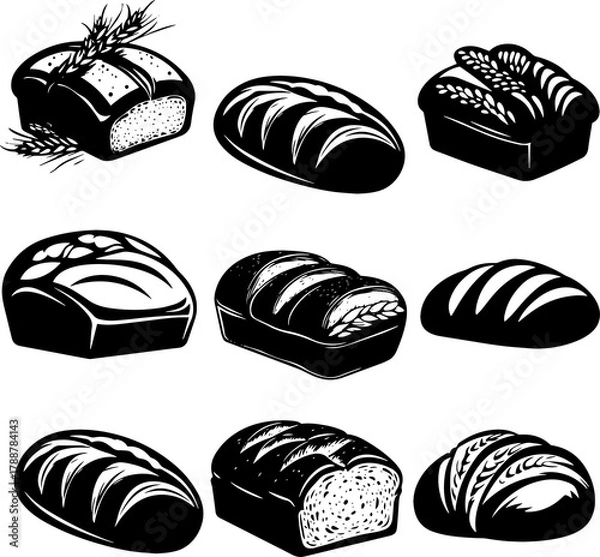 Fototapeta A Collection or set of Fresh bread flat icon design
