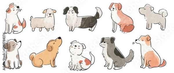 Fototapeta Charming hand drawn illustrations of various dog breeds and puppies.