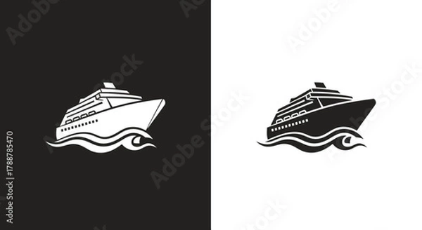 Fototapeta Logo Template Vector of a Stylized Cruise Ship and Ocean Waves in Minimalist Black and White