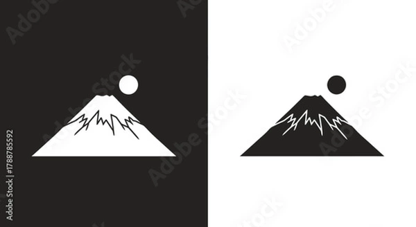 Fototapeta Minimalist Mountain Icon Vector Set of a Stylized Fuji with Sun in Black and White