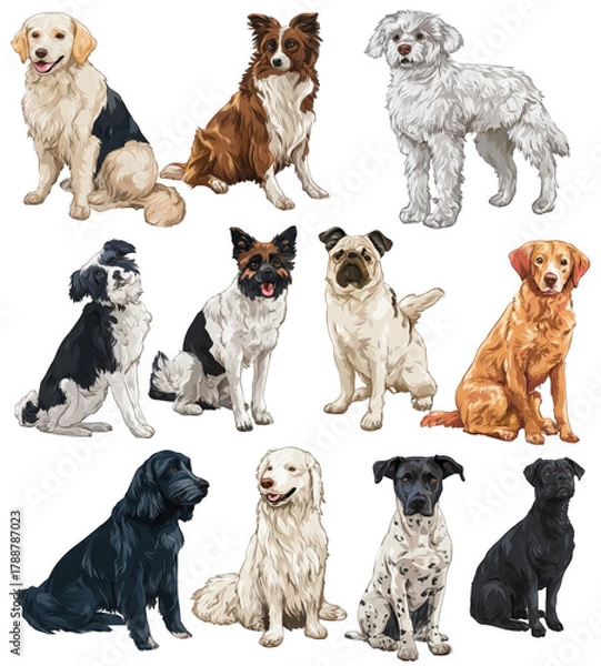 Fototapeta A Diverse Collection of Eleven Different Dog Breeds Illustration.