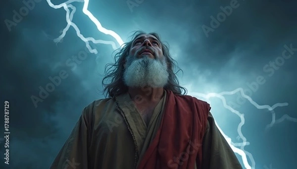 Fototapeta Elderly man with long beard and hair looks up at lightning storm. He wears simple robes and a red sash. Divine revelation or powerful prophecy.