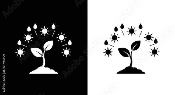 Obraz Minimalist Plant Growth Vector Icon Set with Sun and Water Symbols Black and White