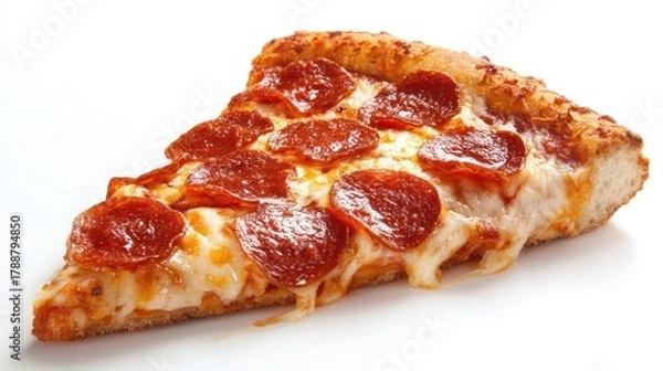 Fototapeta A tempting slice of pepperoni pizza showcases gooey cheese and a golden crust ready to be enjoyed.