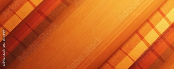 Fototapeta Abstract diagonal stripes in orange hues create a geometric plaid pattern. Layers of warm colors and varied textures suggest fabric or paper for seasonal designs.