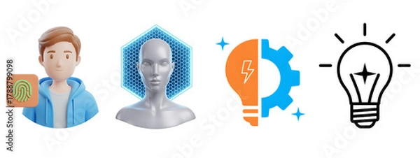 Fototapeta Digital identity, biometric security, and creative innovation process icon set. isolated on transparent background