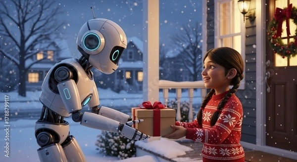 Obraz Human-like robot delivers christmas gift box and gives it to indian girl in christmas sweater on festive snowy porch. Convenience and efficiency of technology. Positive impact of robotics on life