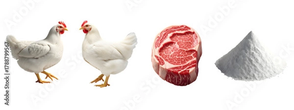 Fototapeta Raw beef steak, whole chickens, and white salt pile on background isolated on transparent background
