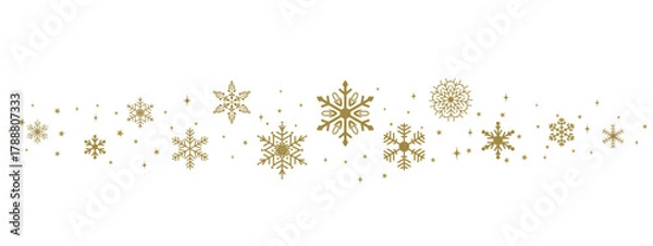 Fototapeta Golden snowflake border with shiny decorative elements, elegant festive winter divider of metallic snowflakes and stars for Christmas or New Year design