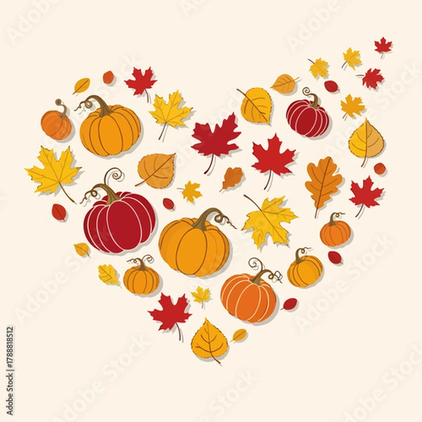 Fototapeta Heart-shaped autumn design with colorful fall leaves and pumpkins. Thanksgiving harvest season illustration.