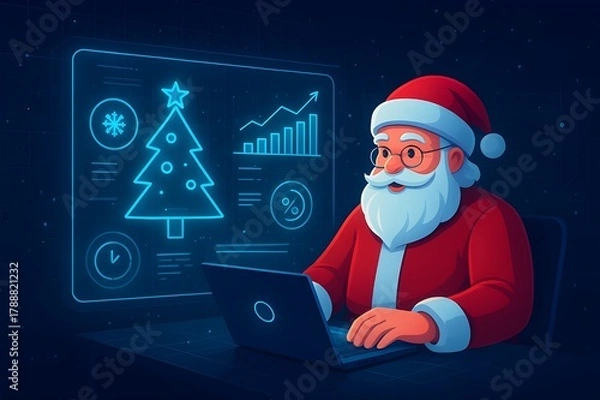 Fototapeta Futuristic Santa Claus Using Laptop with Holographic Christmas Data – Digital Holiday Technology Illustration