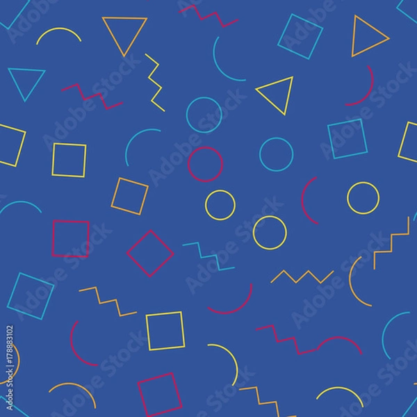 Fototapeta Memphis seamless geometric pattern 80's-90's styles on a blue background with different shapes. Vector repeating texture.