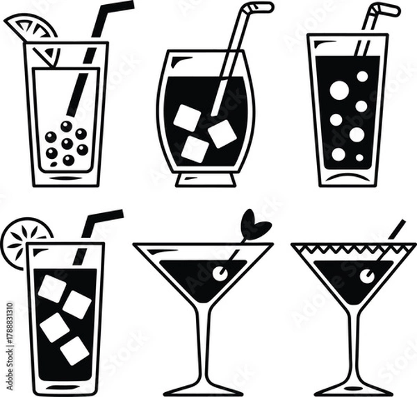 Fototapeta Illustration of six different types of cocktails with ice and straws in a black and white style