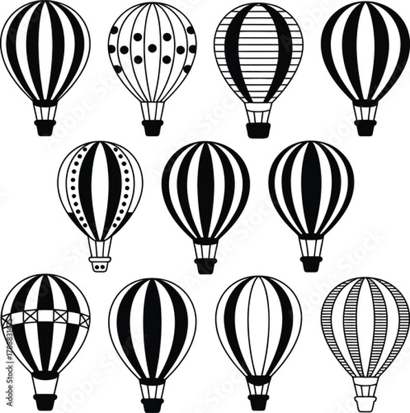 Fototapeta A collection of ten black and white hot air balloon illustrations with varying stripe patterns