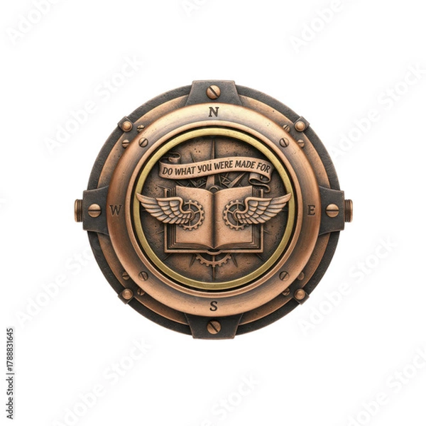 Fototapeta Steampunk-inspired emblem featuring a winged book and compass rose design intricate detailing