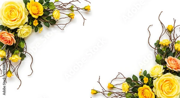 Obraz Yellow and peach rose floral border design with green leaves and twigs on a crisp white background for copy space