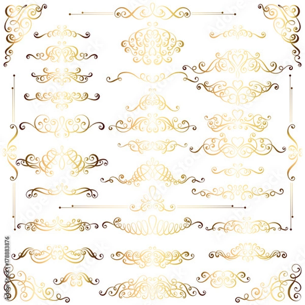 Fototapeta Collection of vintage calligraphic flourishes, curls and swirls decoration for greeting cards,books or dividers. Gold set for decoration and design