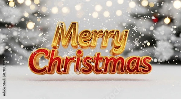 Obraz Merry christmas 3d golden and red text with glittering snowflakes on a festive snowy bokeh background