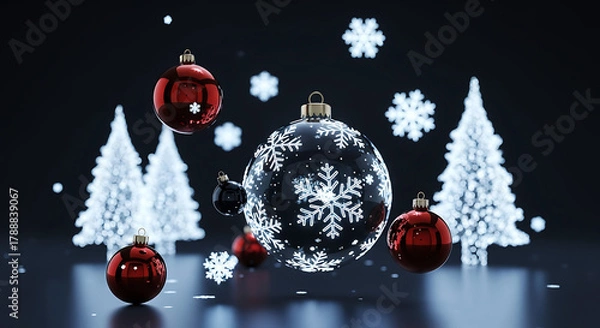 Obraz Festive holiday scene featuring glowing white christmas trees, reflective red baubles, and snowflake decorations.