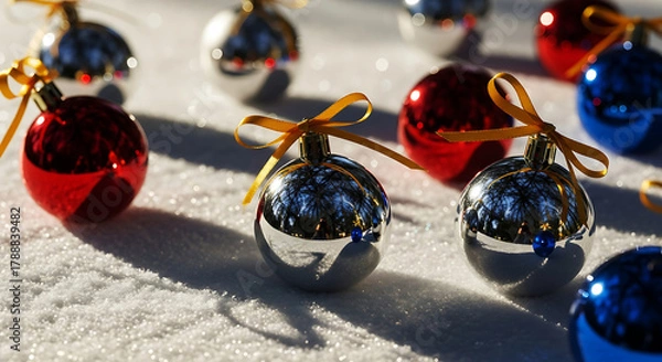 Obraz Shiny christmas baubles in vibrant red, silver, and blue with gold ribbons, reflecting winter light on fresh snow, creating long shadows, perfect for holiday season.