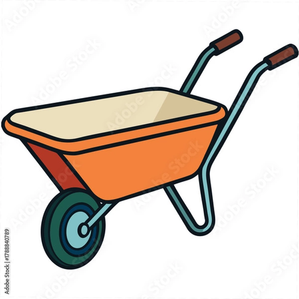 Obraz Colorful Two Wheeled Garden Cart with Orange Basin Keywords: wheelbarrow, garden cart, two wheel, colorful