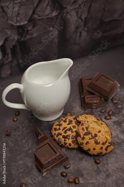 Obraz Milk jug and oatmeal cookies on the table. Pieces of broken dark chocolate. Spilled coffee beans. Dark background. Coffee service. Still life