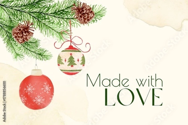 Fototapeta Green Red Minimalist Watercolor Christmas Label - 1