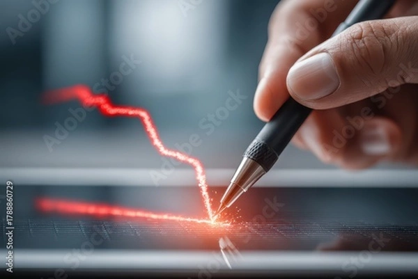 Fototapeta Hand drawing a glowing red declining trend line on a modern digital interface.