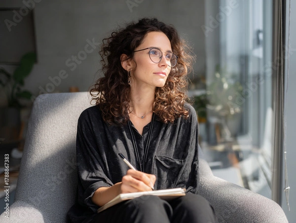 Fototapeta Woman sits in modern living room, enjoying sunlight while writing in notebook and reflecting on her thoughts in a stylish environment