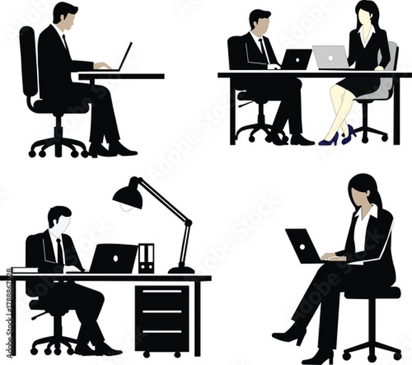 Fototapeta Collage of Business People Working on Laptops at Desks Keywords: business, office, work, people, men, women, laptops, computers, desks, chairs, working