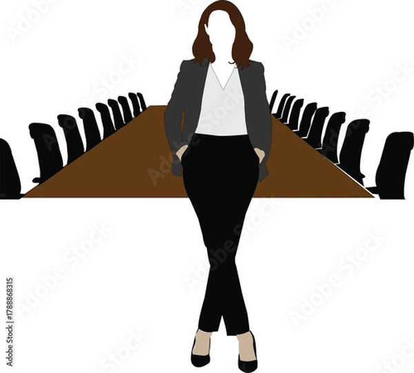 Fototapeta Woman in Suit Standing in Front of Empty Boardroom Table with Chairs Keywords: business, meeting, boardroom, conference, table, chairs, woman, executive