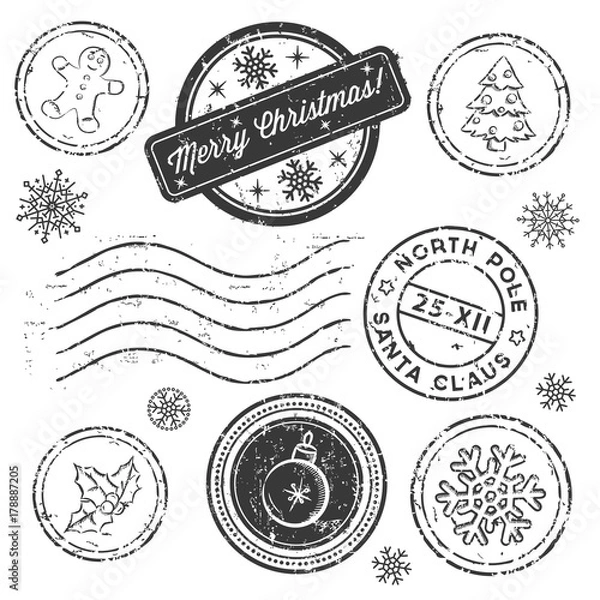 Obraz Christmas stamp set isolated on white. Vector