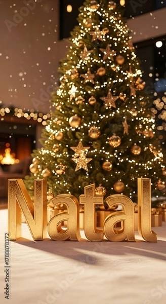 Obraz Letreiro 3D “Natal” com fundo de árvore de natal iluminada