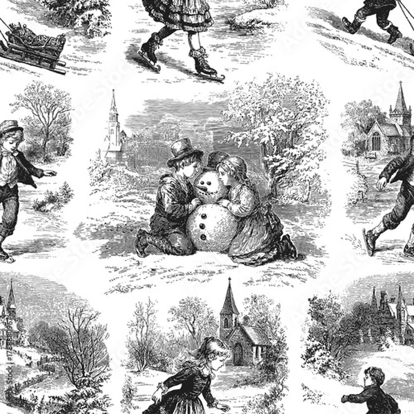 Fototapeta Seamless vector pattern with traditional European winter scenes. Vintage engraving or ink drawing style vector illustration.