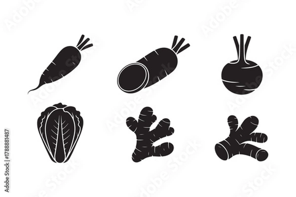 Fototapeta Black and white silhouettes of root vegetables and ginger