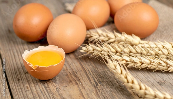 Obraz Freshly laid brown eggs and golden wheat ears on a rustic wooden surface, symbolizing natural goodness and healthy eating