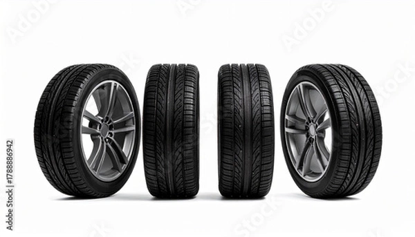 Fototapeta Four new car tires displayed in a row against a white background, emphasizing tread pattern and rim design