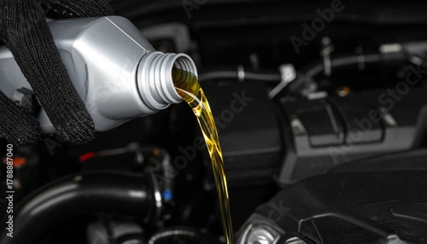 Fototapeta Pouring motor oil into a car engine, demonstrating automotive maintenance and fluid change for vehicle upkeep