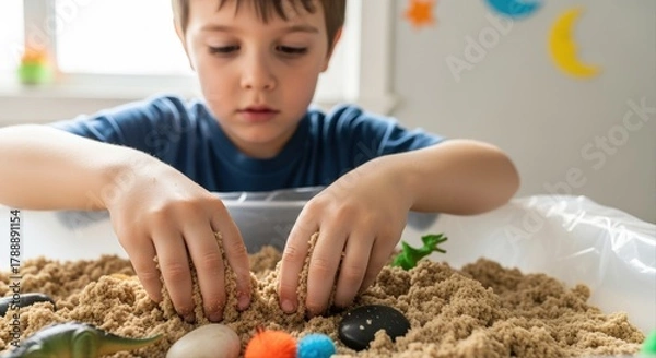 Fototapeta young child playing with colorful kinetic sand indoors, focusing on creativity and imagination